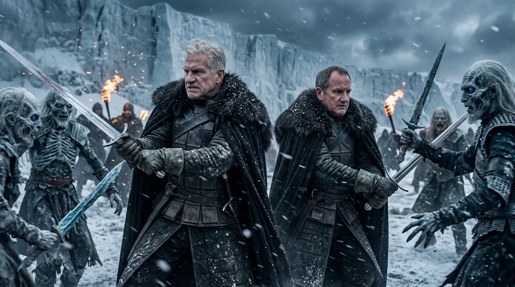 Darryl Turner and Mike Simon in fur cloaks, swords drawn, on a frozen battlefield